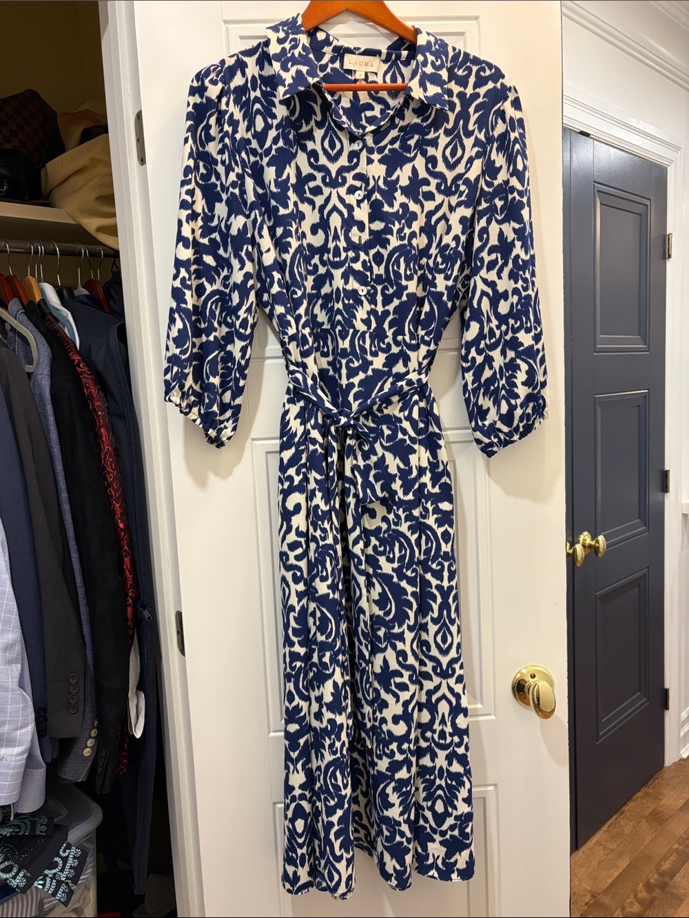 Laura Navy and White Printed dress